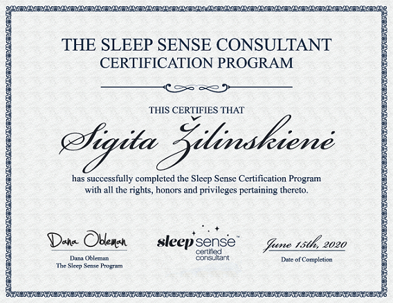 "Sleep Sense" vaikų miego programos baigimo diplomas